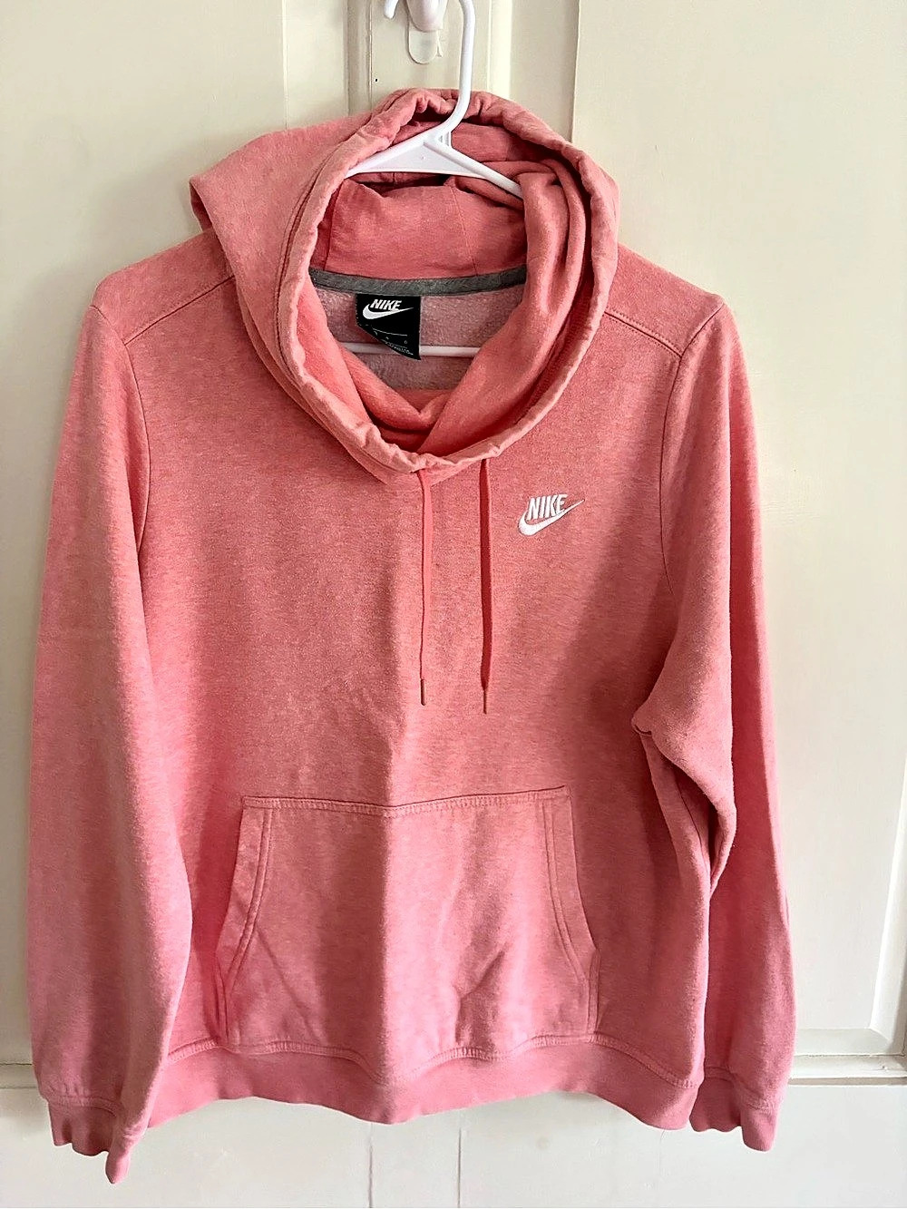 Nike Hoodie Womens Large Coral Pink Cowl Neck Fleece Pullover Sweatshirt